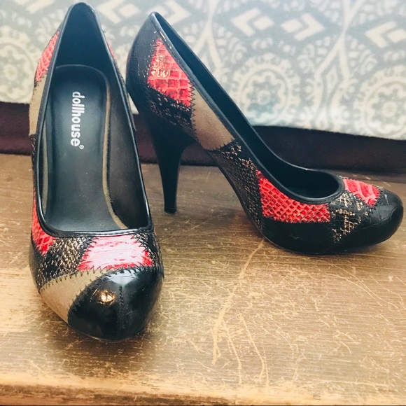 Dollhouse Shoes - DOLLHOUSE red and black patchwork heels Dollhouse Shoes - DOLLHOUSE red and black patchwork heels